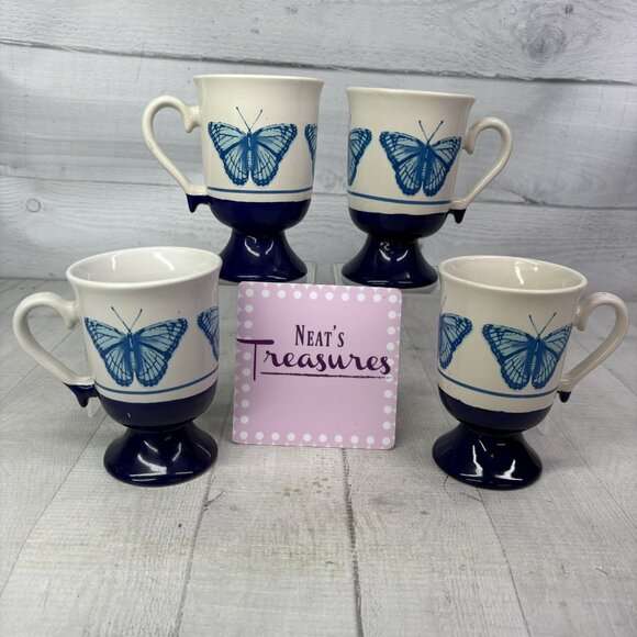 Vintage BUTTERFLY Cobalt Blue White Pedestal Ceramic 10oz Irish Coffee Mug Set 4 - Picture 1 of 16